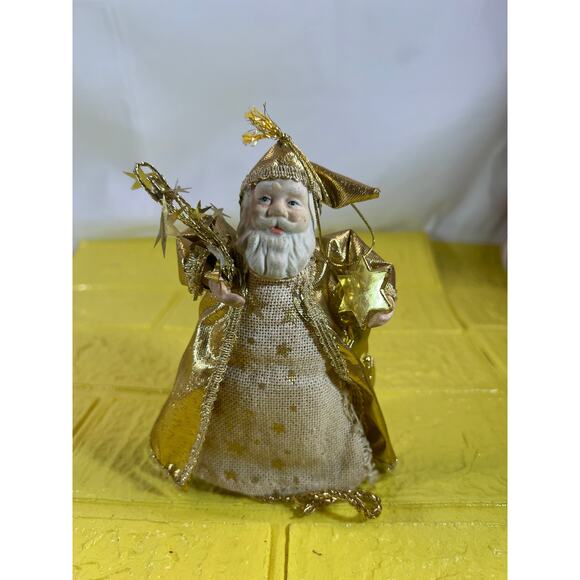 Vintage Old World Porcelain Santa Claus Small Tree Topper Ornament Gold Stars - Picture 1 of 9